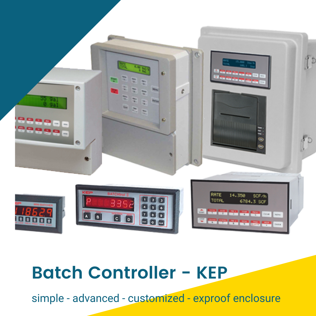 KEP Batch Controller single stage or dual stage batching.  From simple pulse input LED to sophisticated batching with temperature compensation for accurate corrected volume batch results