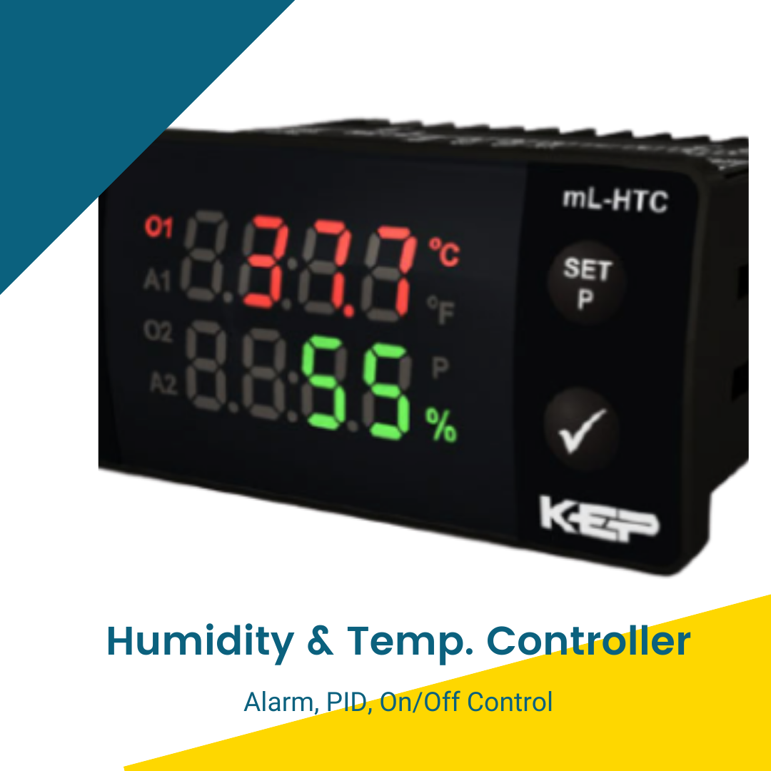 KEP humidity controller The mL-HTC Temperature + Humidity controller from KEP is designed for the control of humidity and temperature in industrial processes.  PID or On / Off control is available to control the process.  4 Relays are offered for control and alarm outputs.